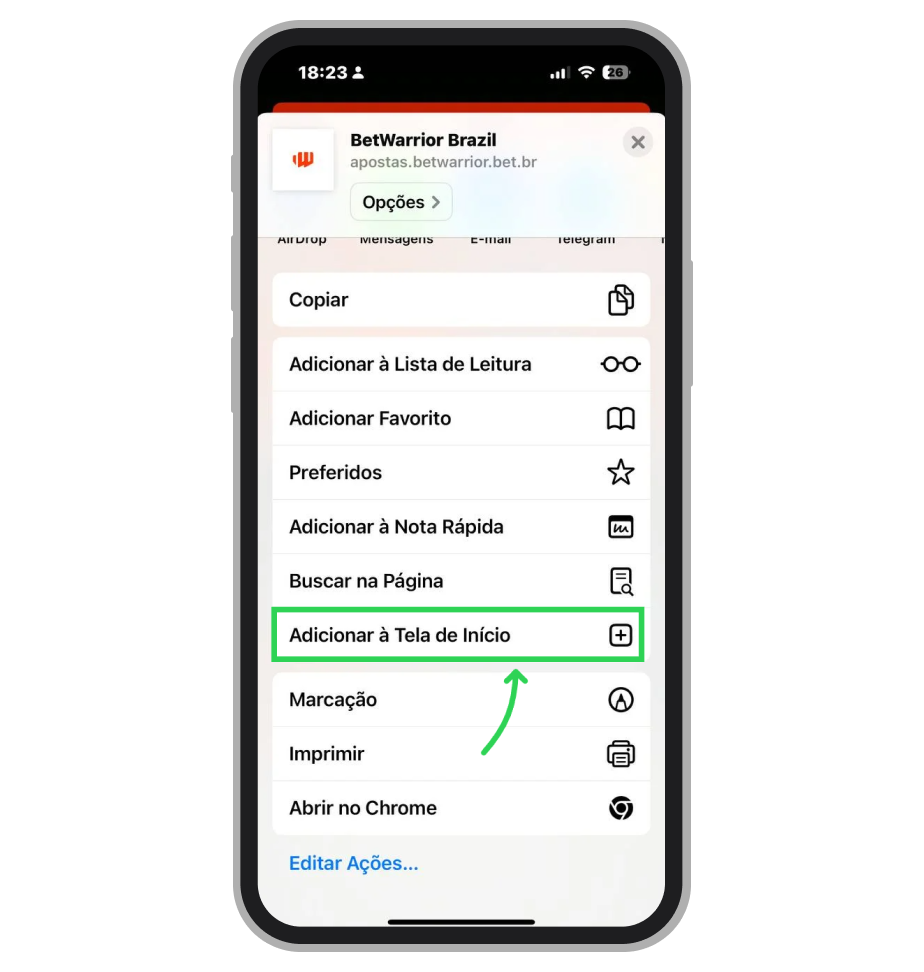Selecione a opção "Adicionar à Tela de Início" entre as funções de navegação disponíveis 