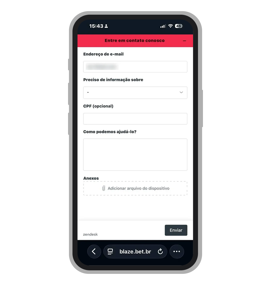 Formulário de suporte no site Blaze