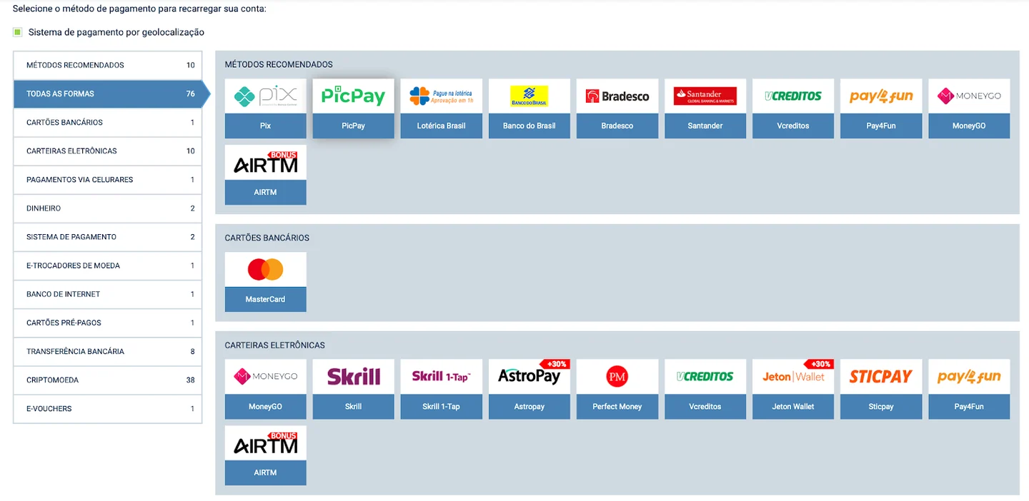 Cartão de crédito Mastercard entre os métodos de pagamento no site da 1xBet. O site de apostas não aceita Visa.