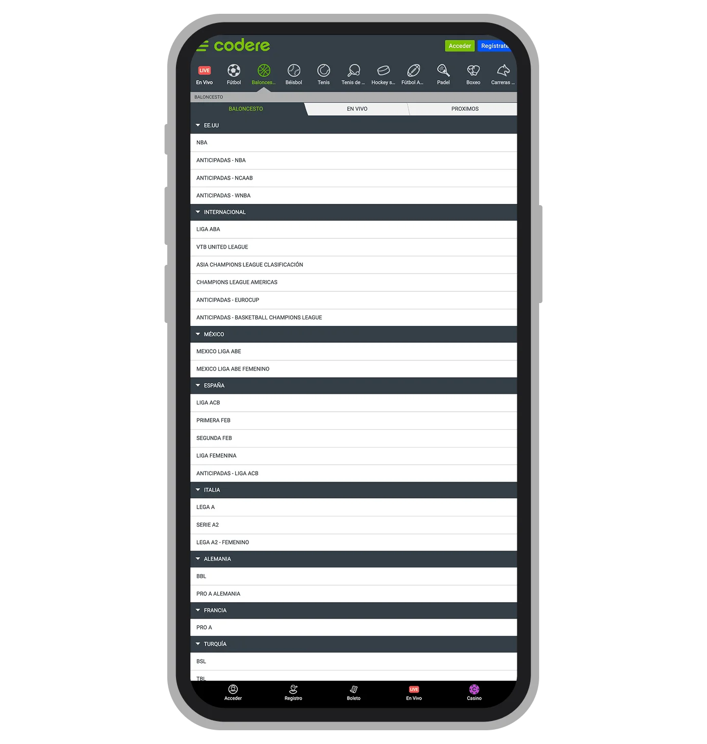 Sección de baloncesto en Codere México con ligas NBA, ACB, BBL y Champions League Americas