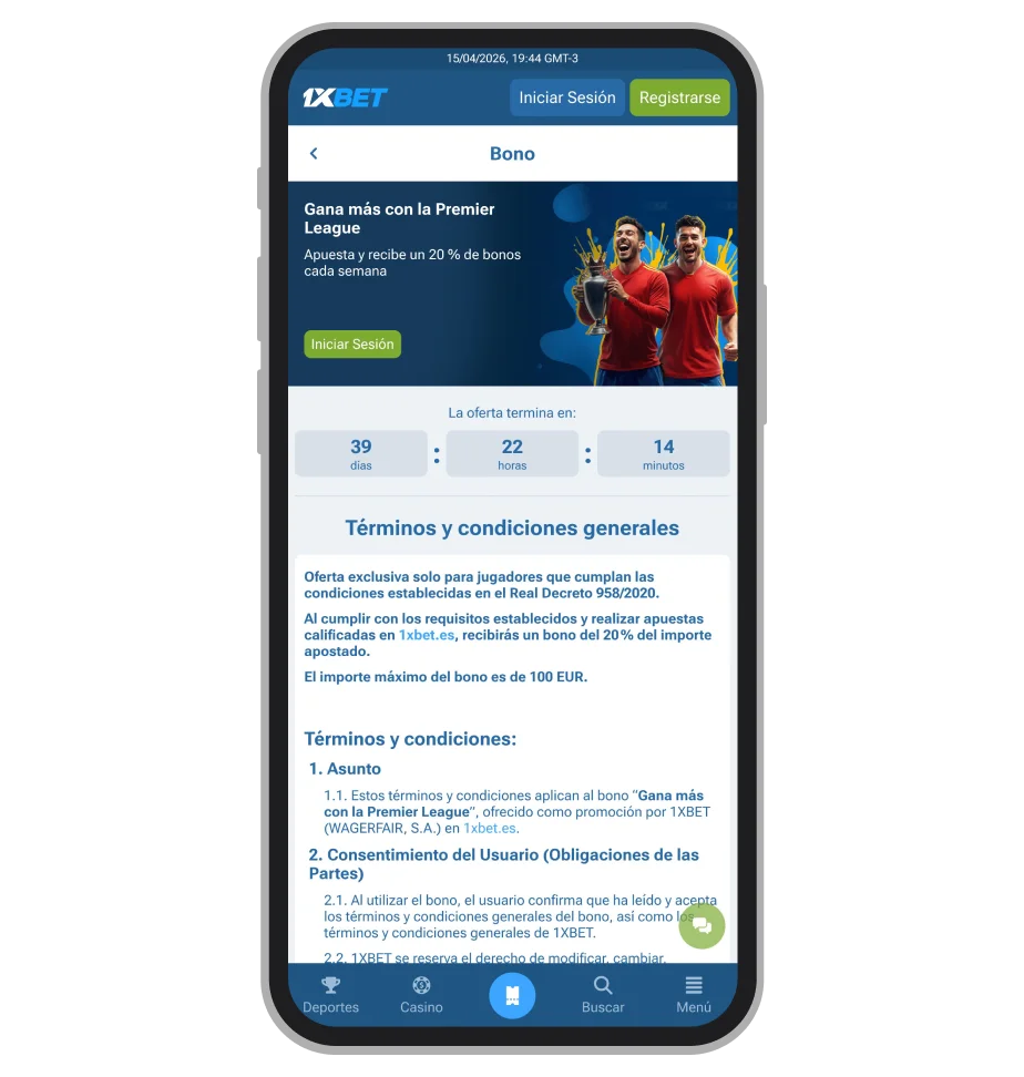 Cashback semanal 1xBet del 20% hasta 100€ en apuestas de la Premier League inglesa