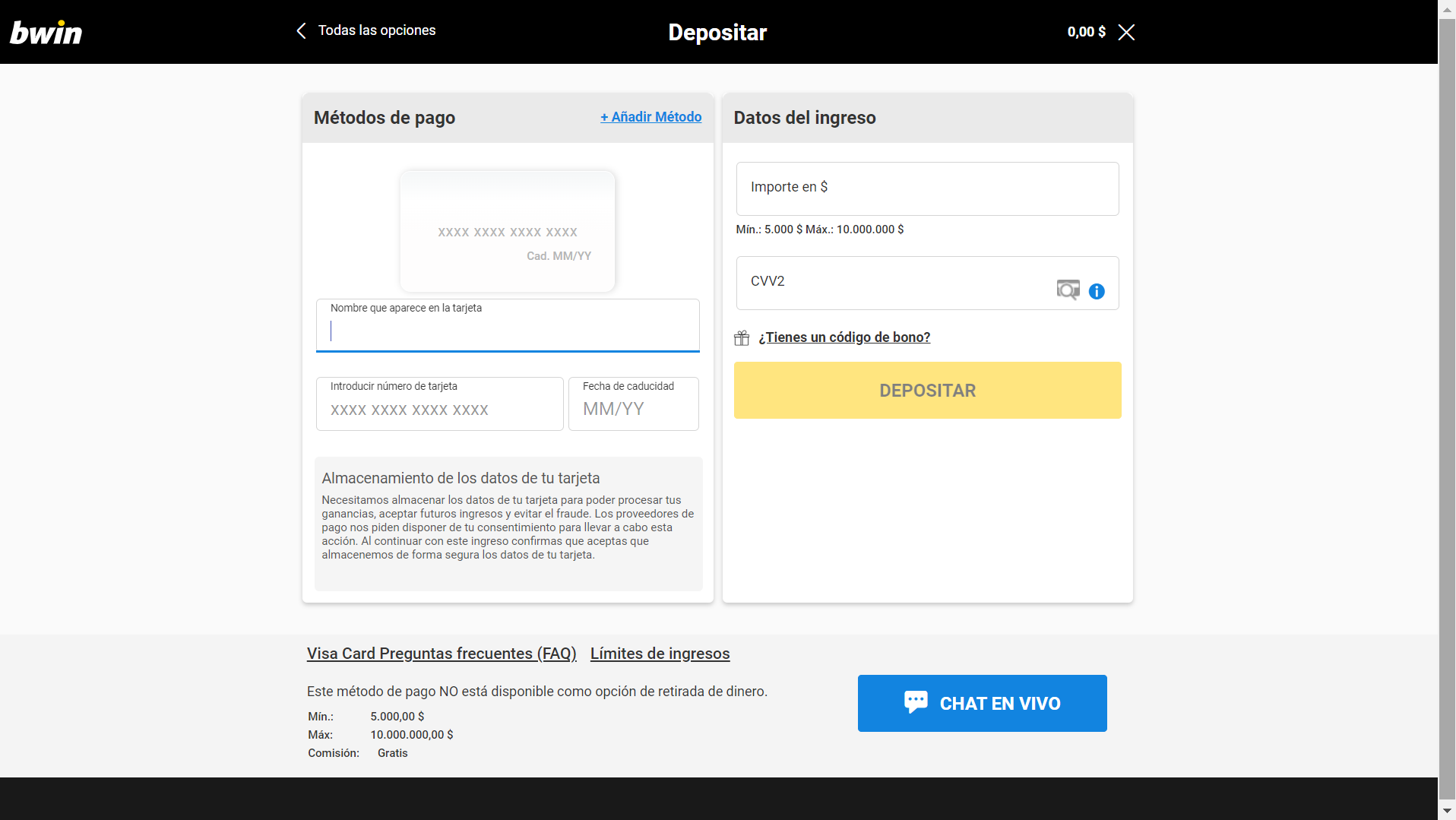 Depósito con Visa, Bwin.