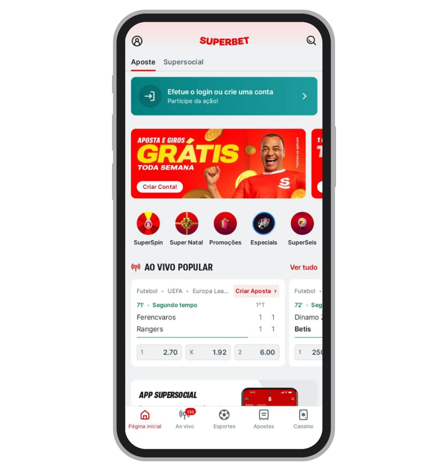 Superbet app aberto no celular 