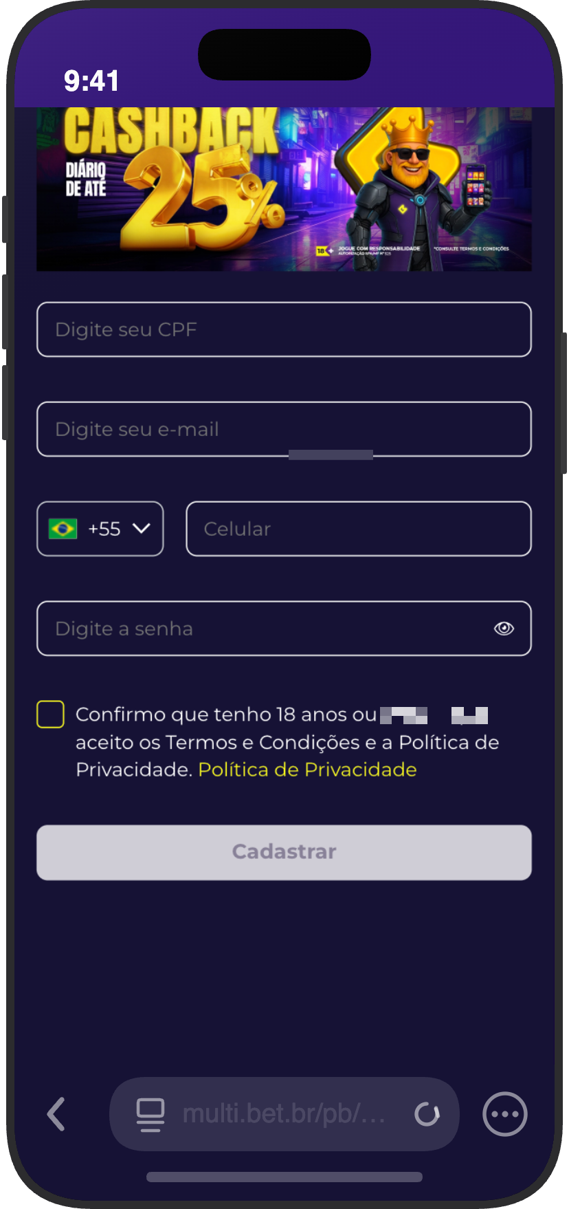 Tela de cadastro da Multibet no celular com campos de CPF, e-mail, celular e senha