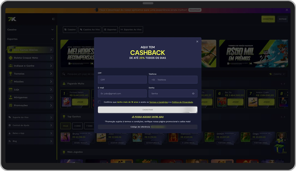 Formulário de registro, exibindo os campos de dados pessoais e a menção ao cashback diário disponível