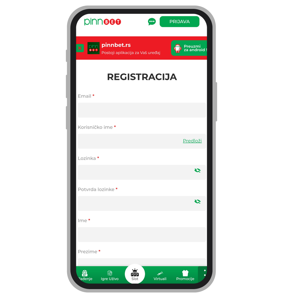 PinnBet formular za registraciju