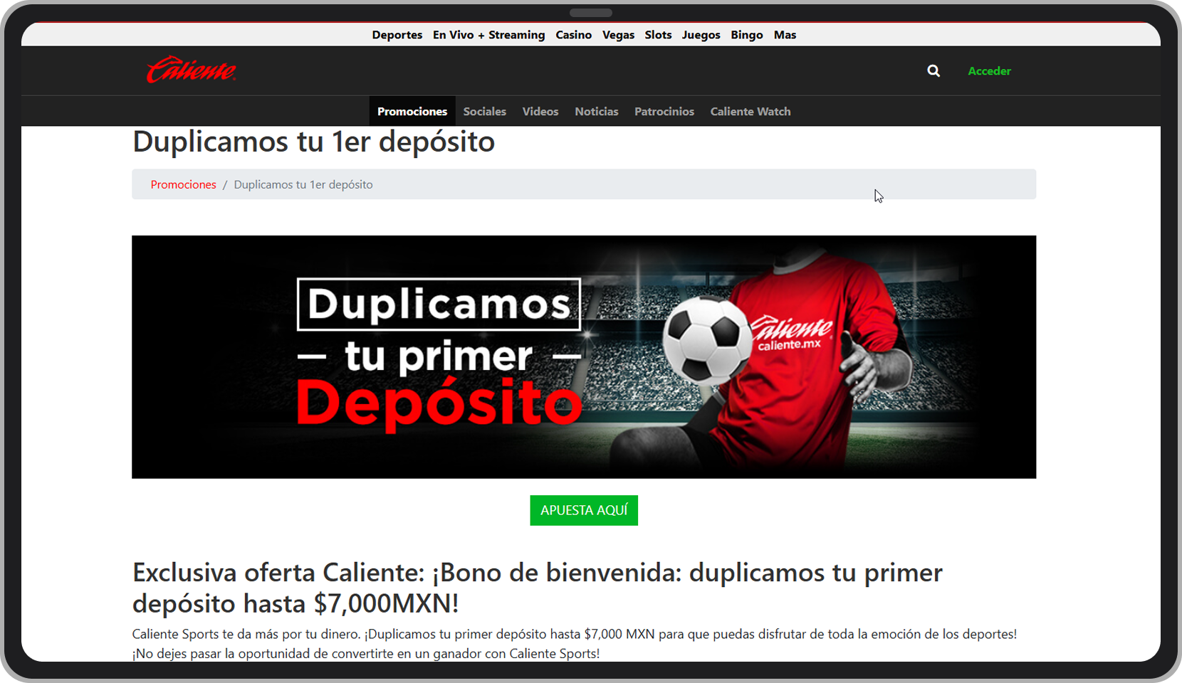 Bono en el primer depósito. Caliente