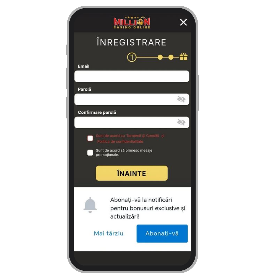 Formular de înregistrare Million Casino (prima parte)
