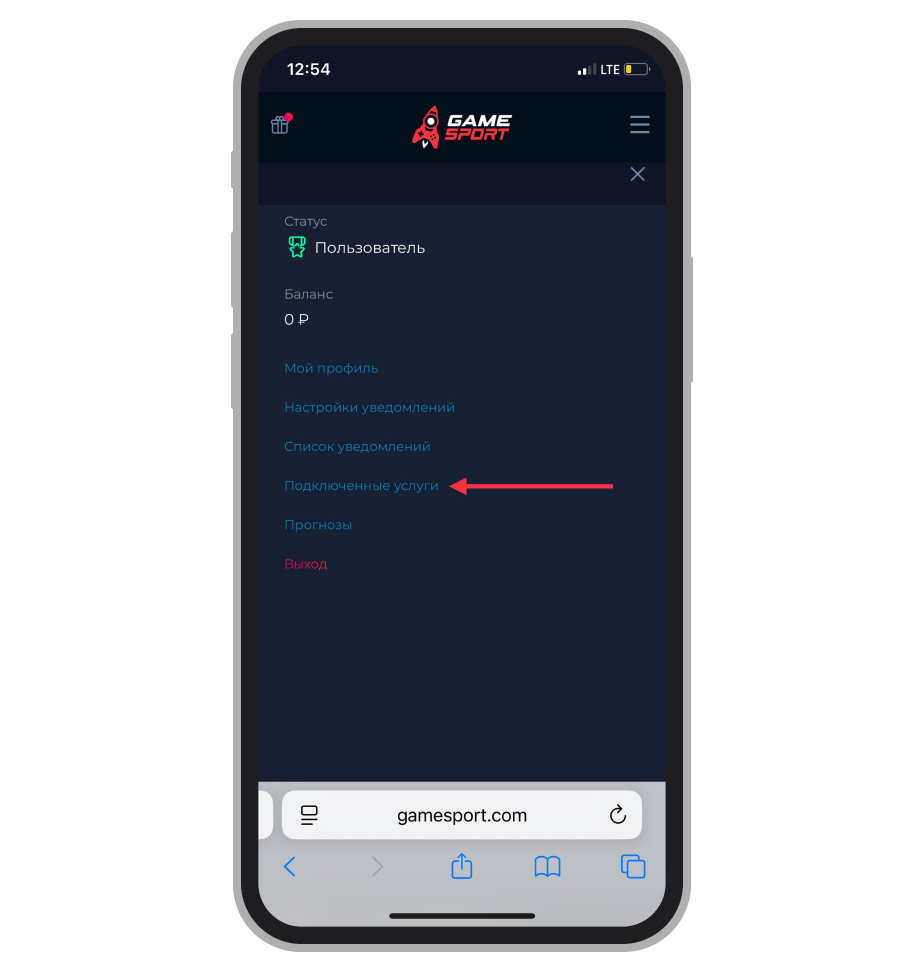 Страница профиля, кнопка «Подключённые услуги»