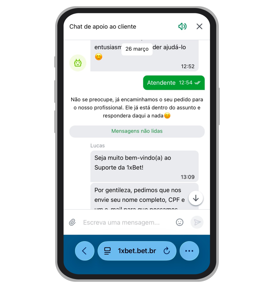 Mensagem do atendente no chat de suporte