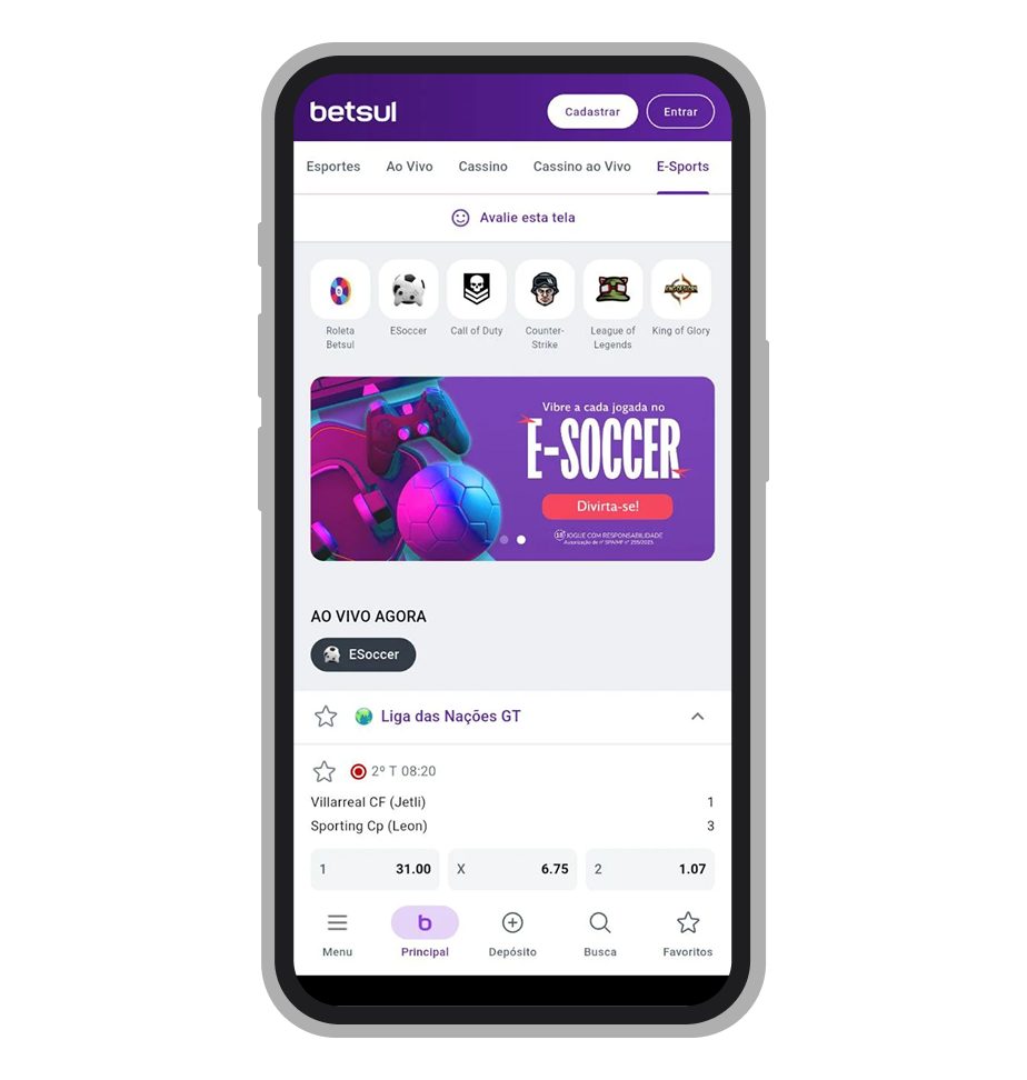 Tela inicial do aplicativo da Betsul 