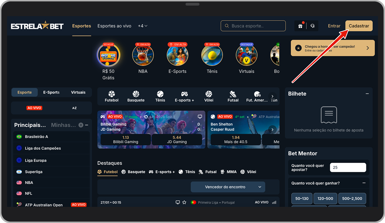 Clique no botão de cadastro