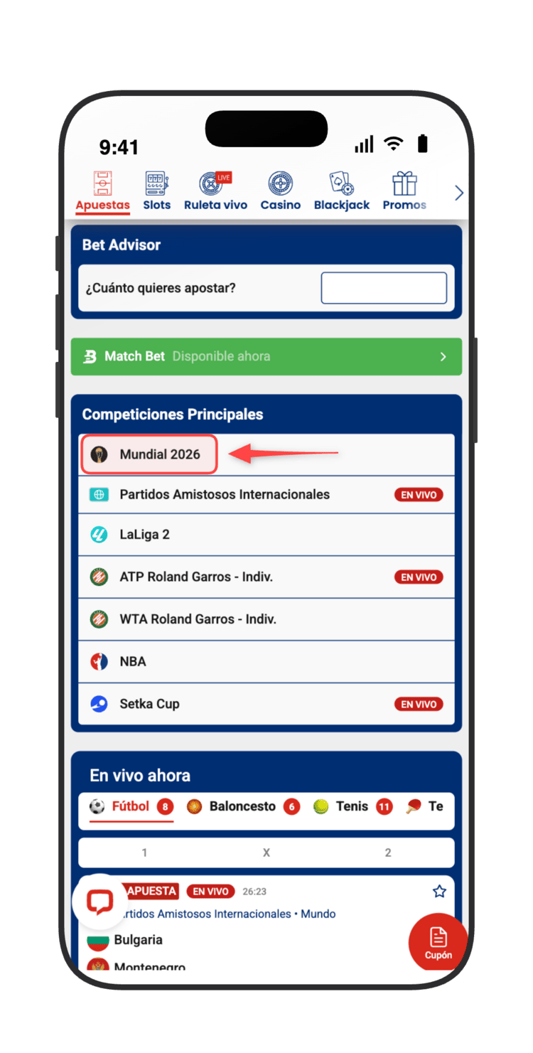 Baja a Competiciones Principales y pulsa en Mundial 2026 para ver todos los partidos del torneo en JOKERBET