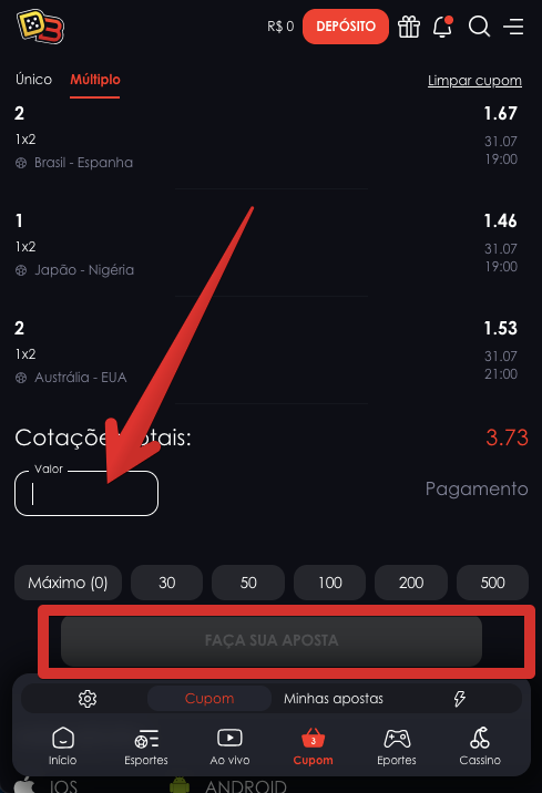 Informe o valor e coloque seu palpite em jogo