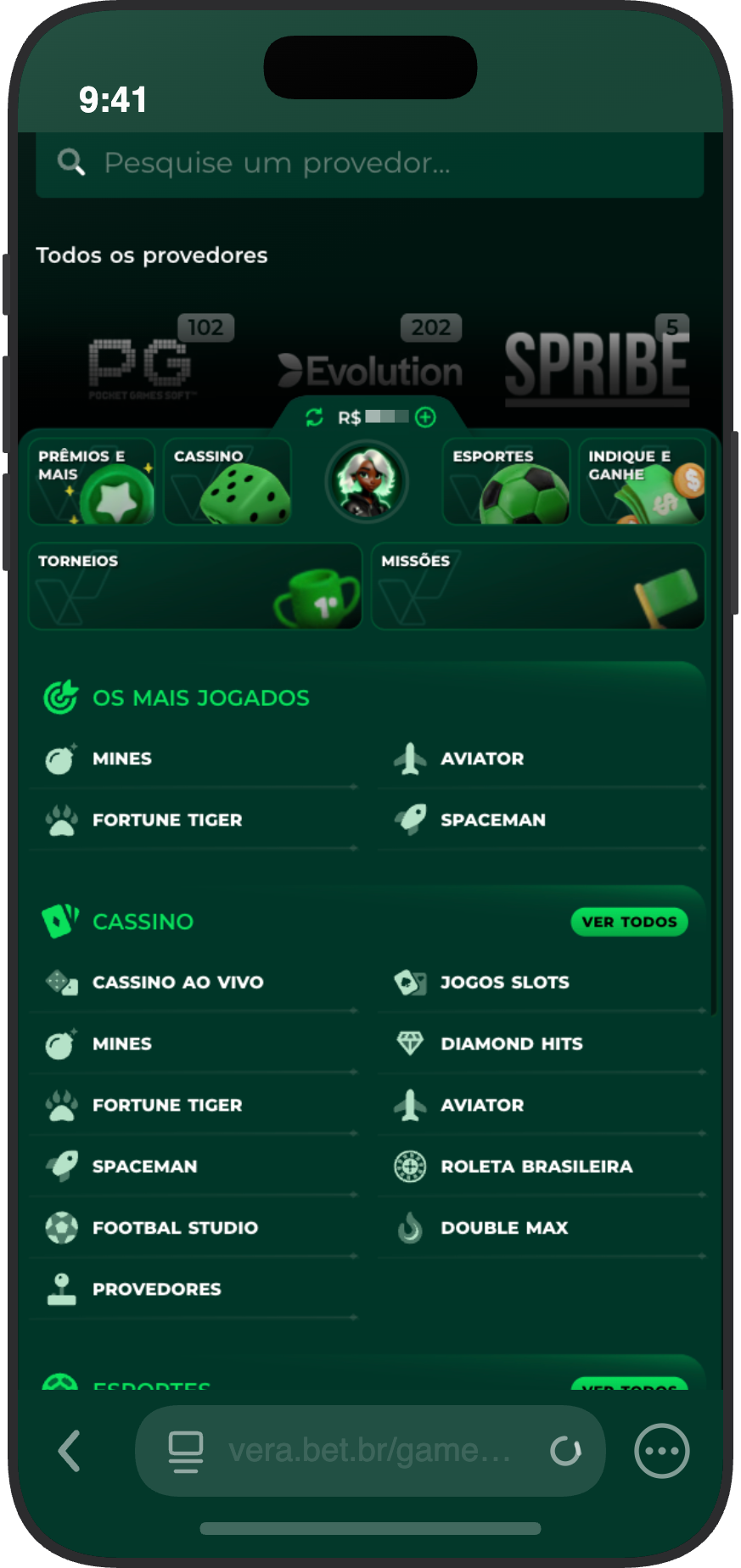 Menu de navegação do cassino Vera.bet com jogos mais populares, seções de cassino ao vivo, torneios e missões