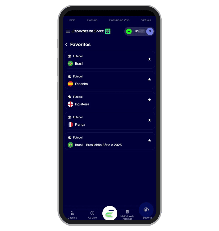 Lista de favoritos no app Esportes da Sorte