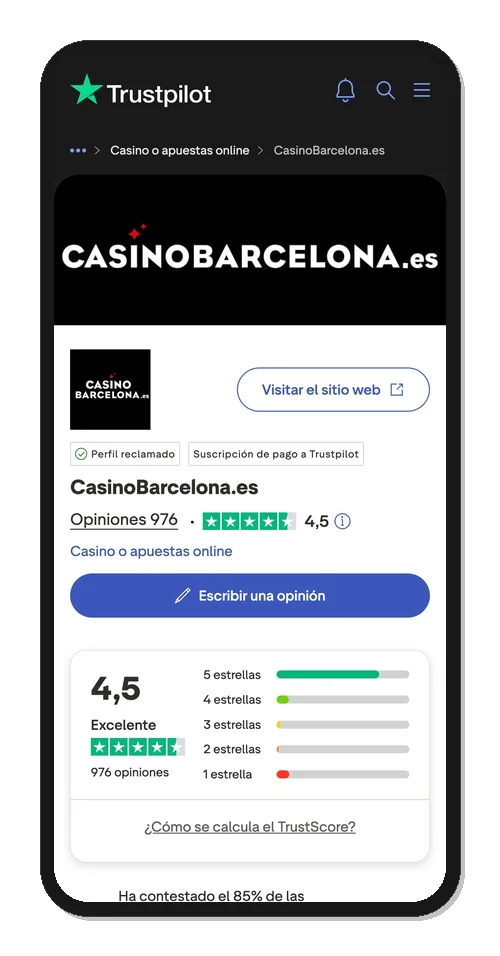 Valoración de Casino Barcelona en Trustpilot: 4,5 sobre 5 con 976 opiniones verificadas