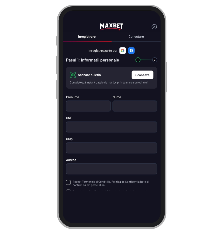 Formular înregistrare Maxbet