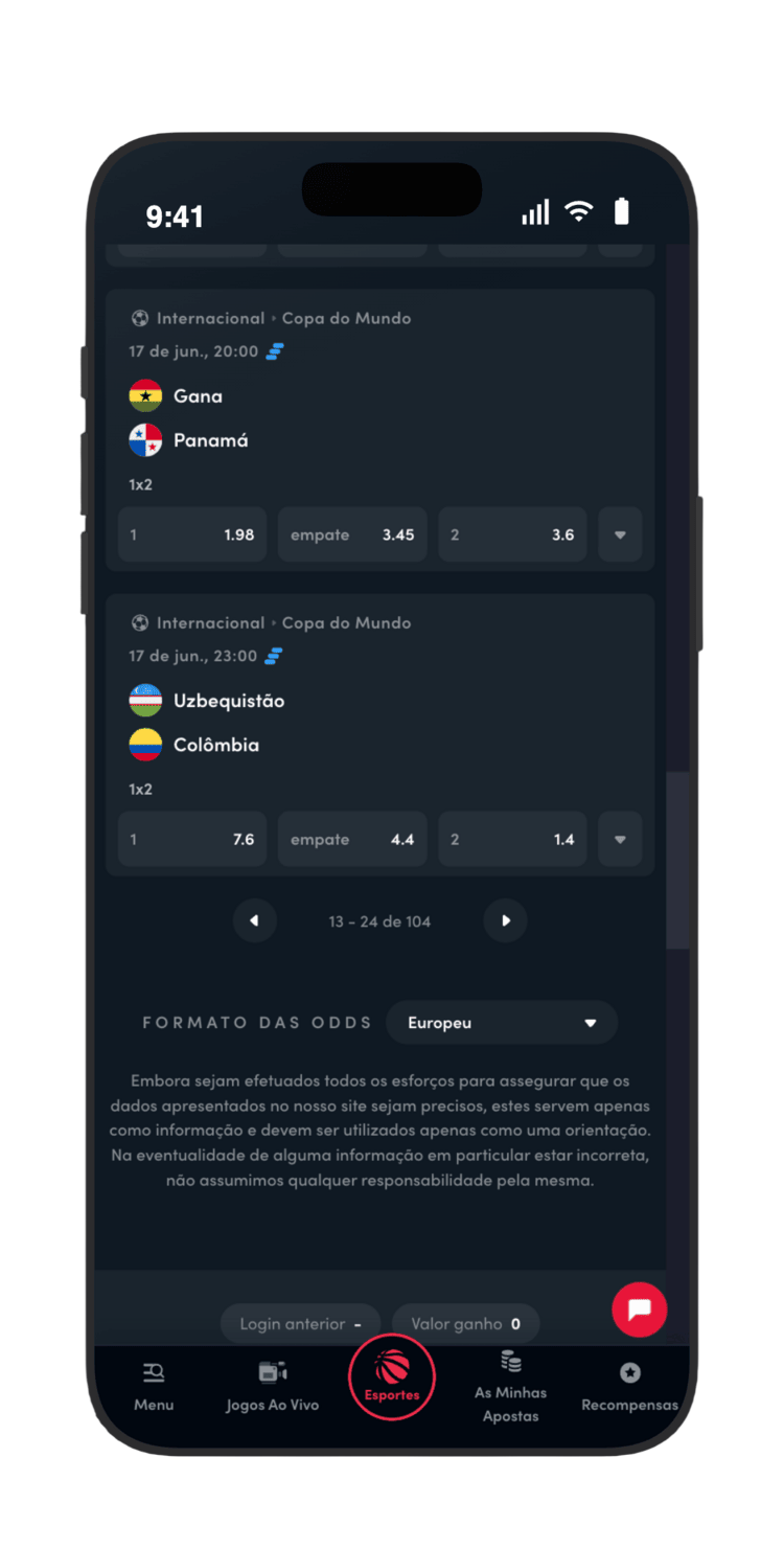 Odds 1X2 na Blaze para Uzbequistão vs Colômbia na primeira rodada da Copa 2026