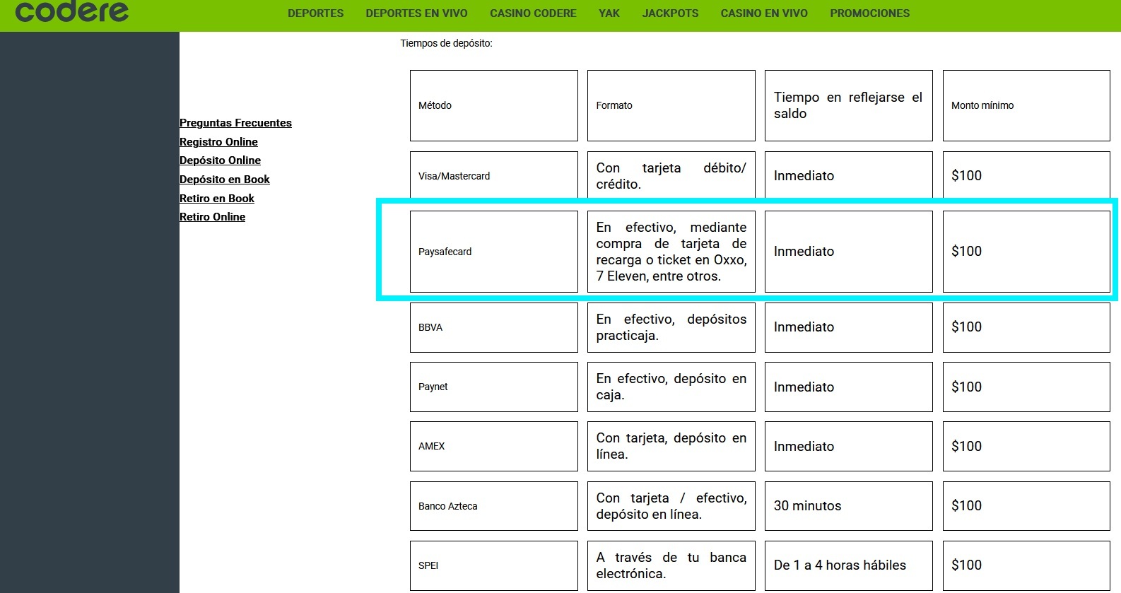 Página con métodos para pagar en Codere