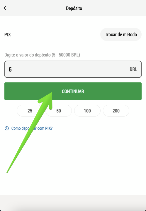 Insira a quantia e clique em ‘Continuar’