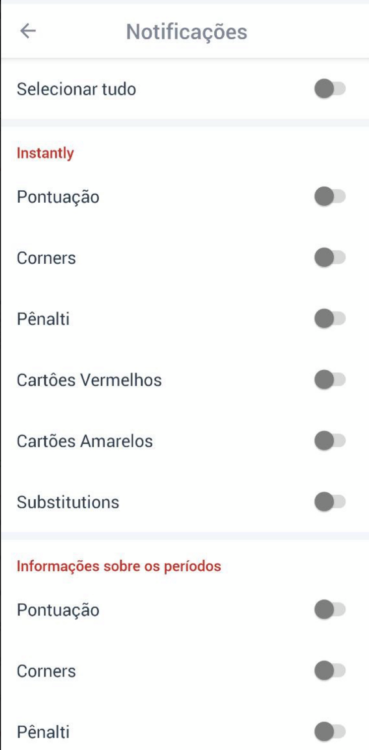Você pode escolher entre mais de 10 tipos de notificações sobre eventos de jogo ao vivo
