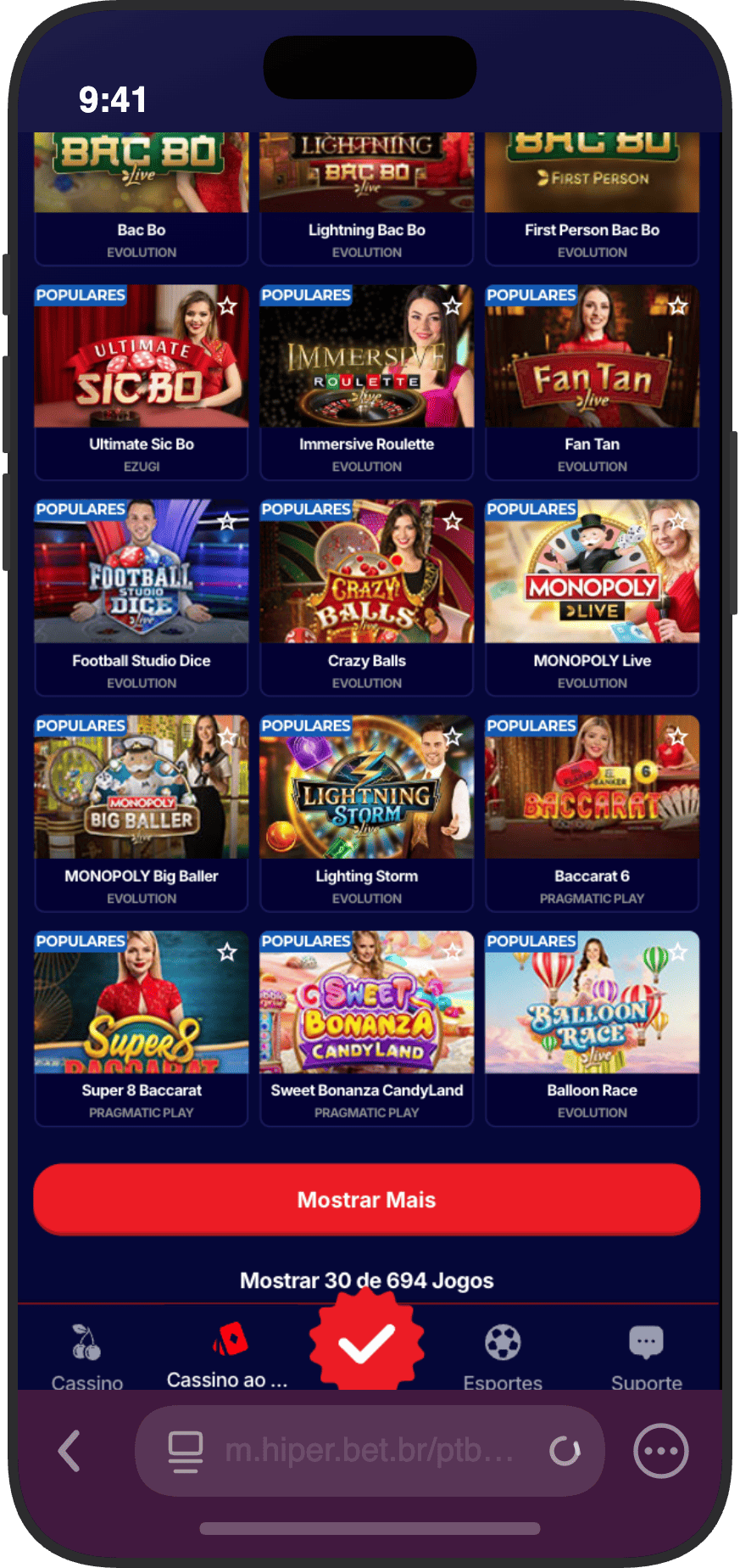 Catálogo do cassino ao vivo da HiperBet com 694 jogos