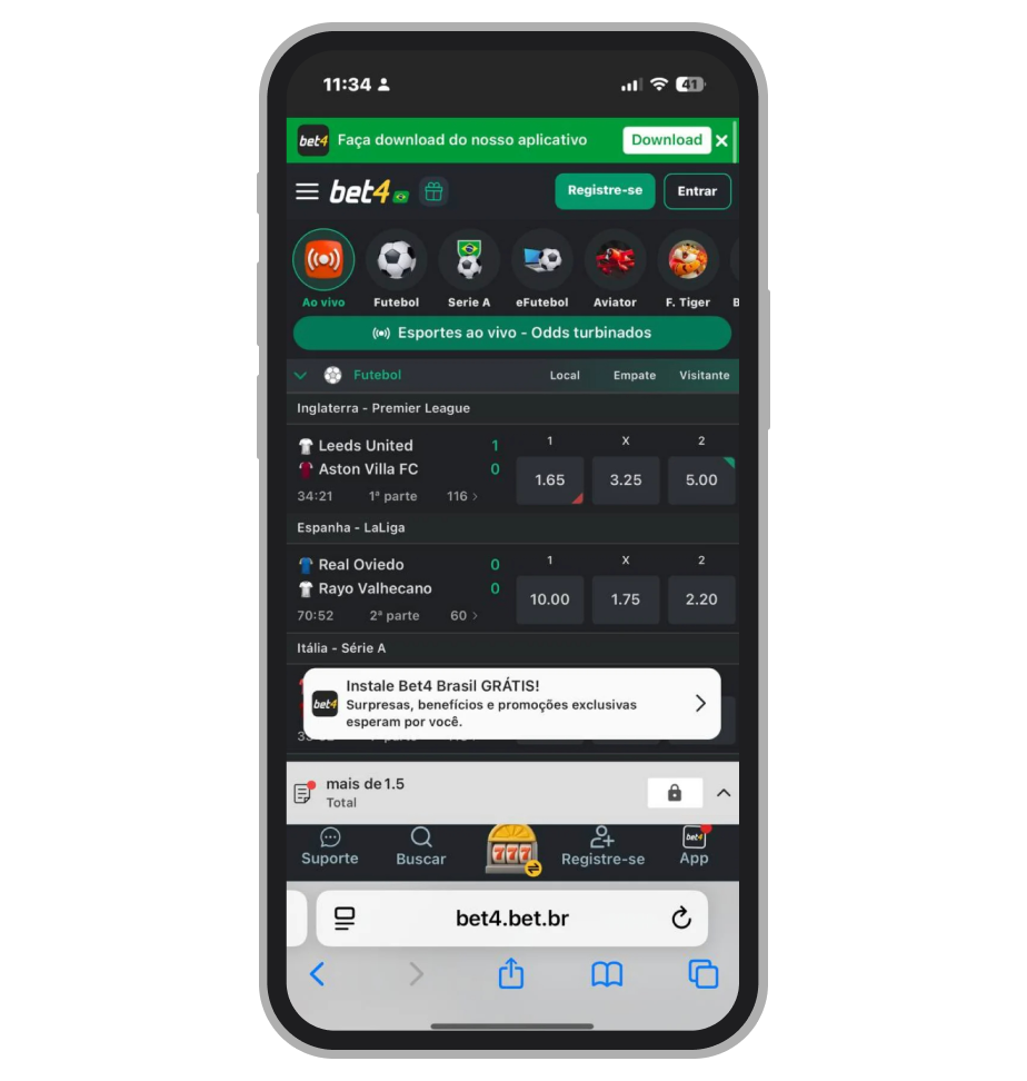 A tela inicial da Bet4 