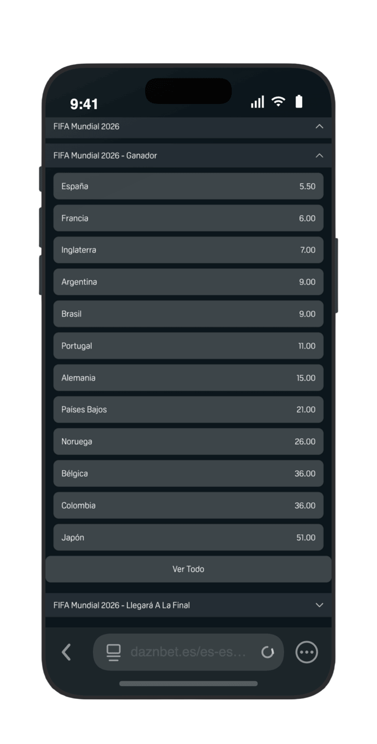 Mercado Ganador del FIFA Mundial 2026 en DAZN Bet con España 5.50, Francia 6.00 e Inglaterra 7.00 como favoritos