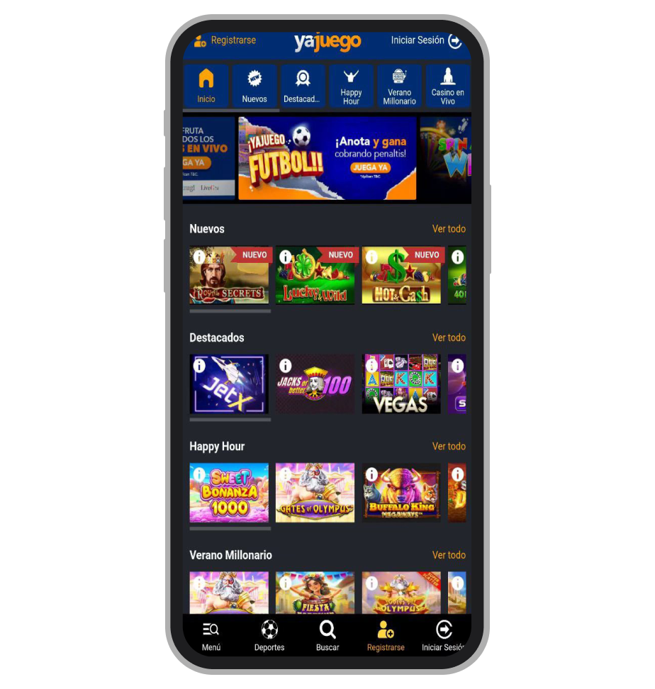 Página principal del casino en la aplicación