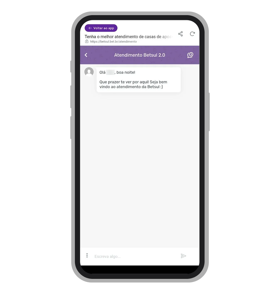 Chat ao vivo no app da Betsul 