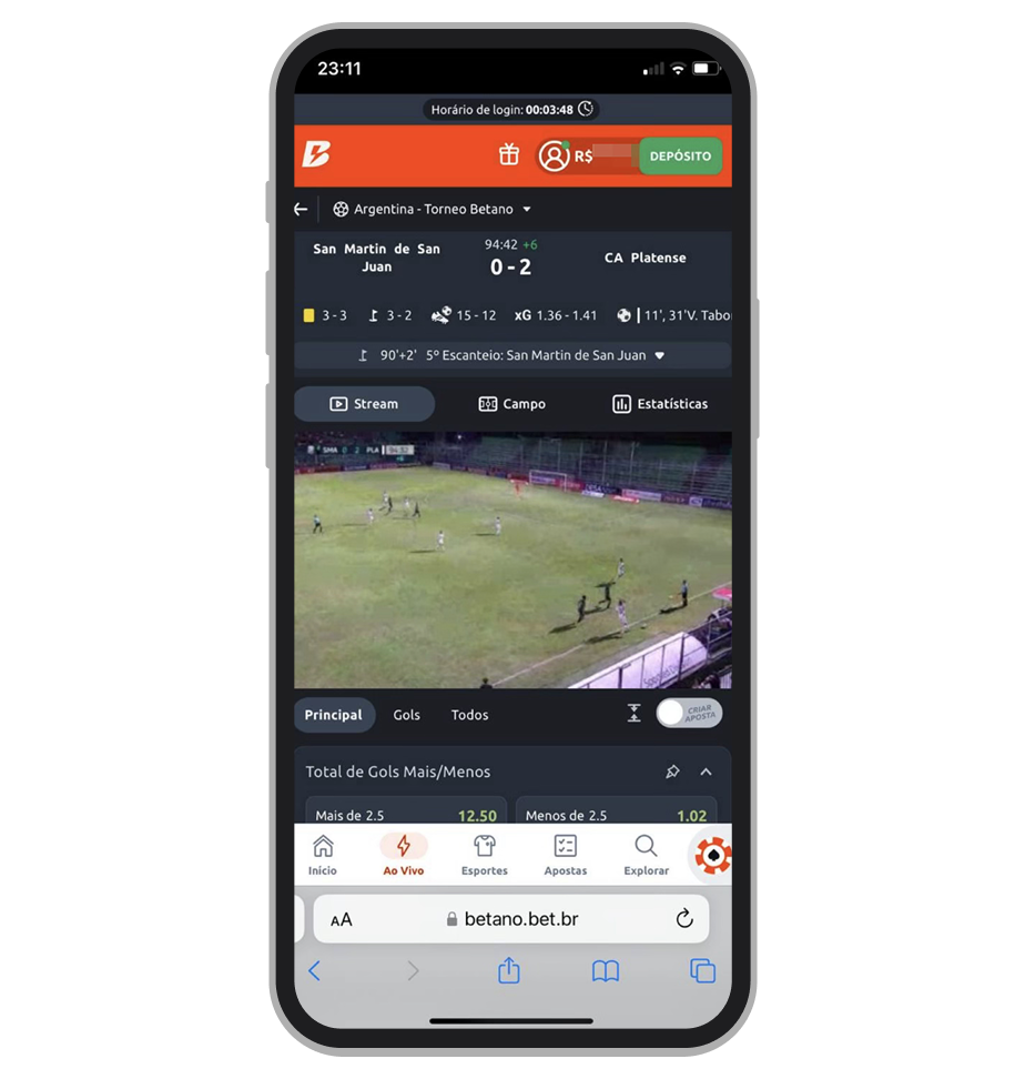 A transmissão ao vivo no site mobile da Betano