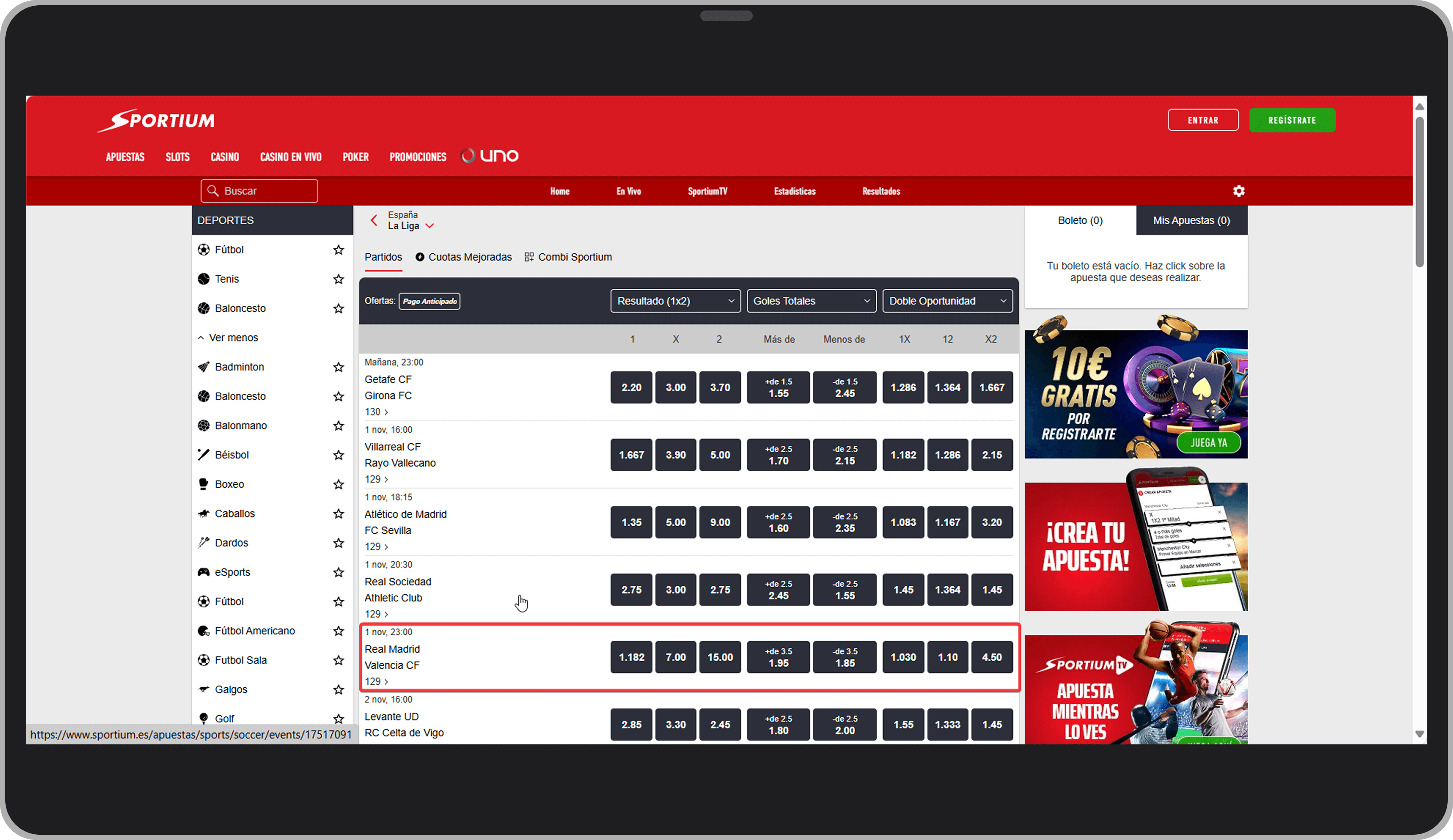 Cuotas en Sportium