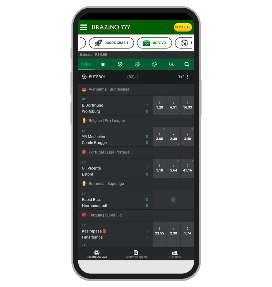 A seção de apostas co vivo no app da Brazino777