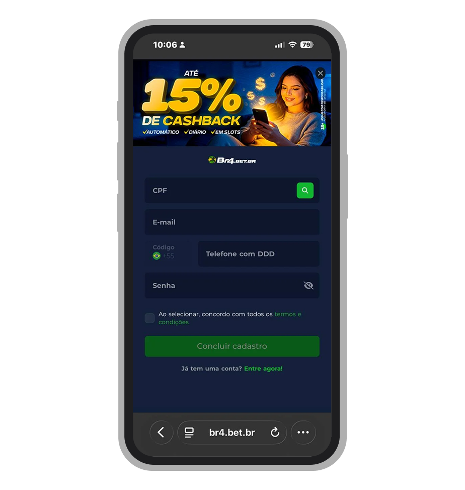 Formulário de cadastro do cassino Br4Bet com campos de e-mail, CPF e data de nascimento