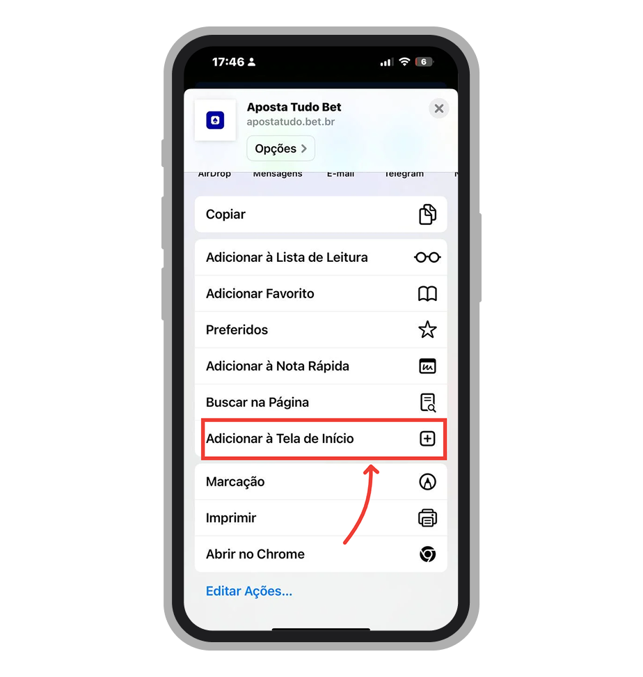 A opção “Adicionar à Tela de Início” é utilizada para criar um atalho do site da Apostatudo no iOS