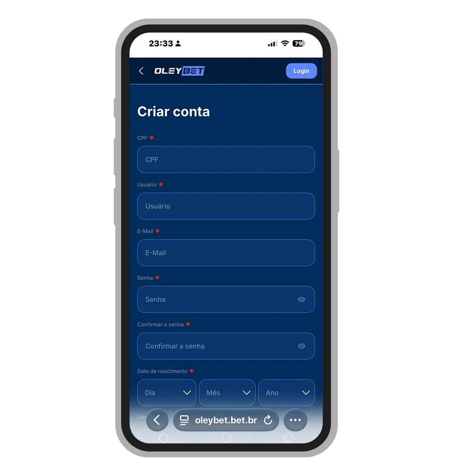 Formulário de cadastro da OleyBet com campos de CPF, nome, e-mail e senha