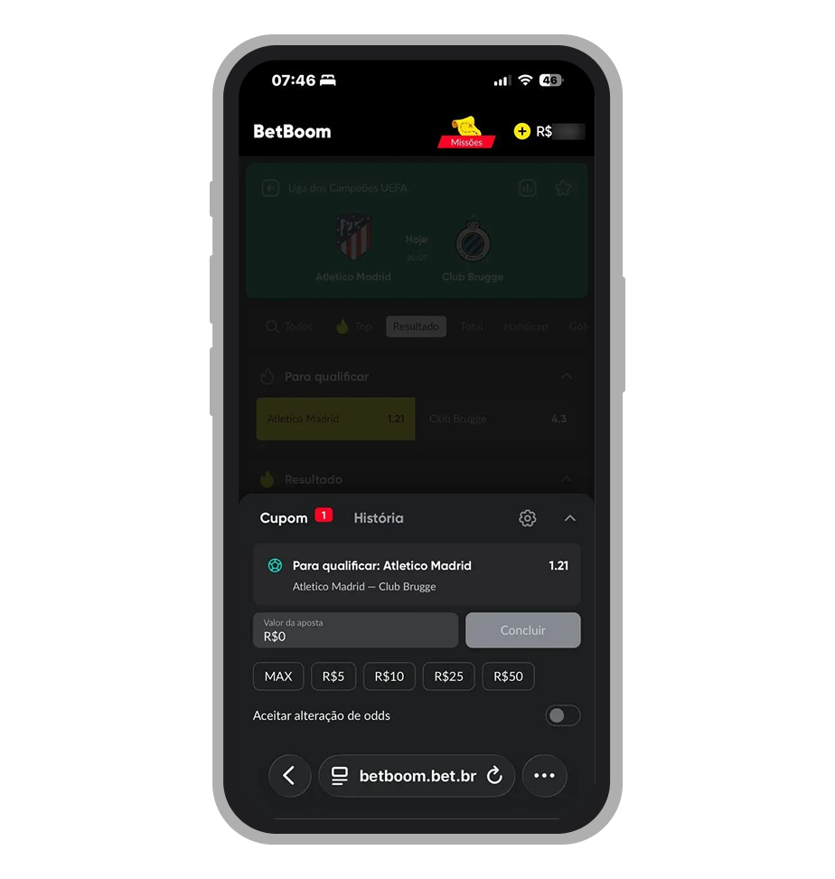 Insira o valor da aposta e toque em "Aposte agora" para confirmar