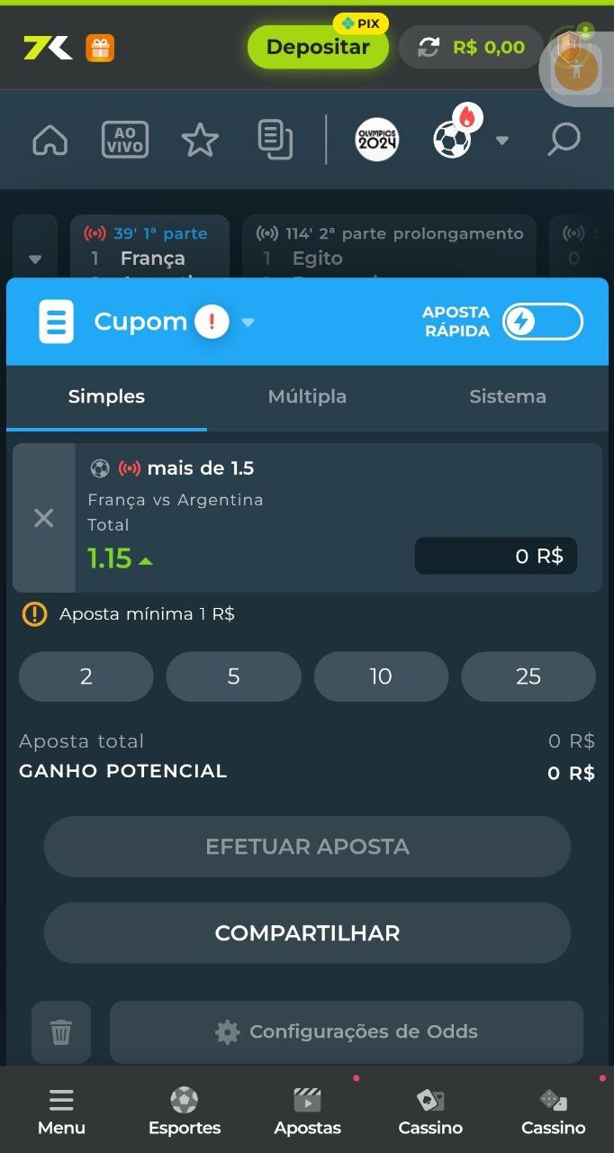 Aposta mínima aceita na Bet7k é de R$1