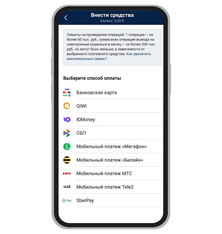 Способы пополнения в мобильном приложении