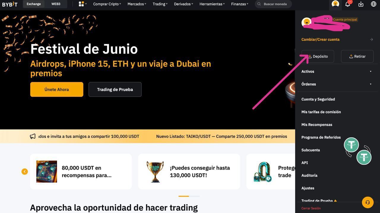 Sección de depósitos en Bybit