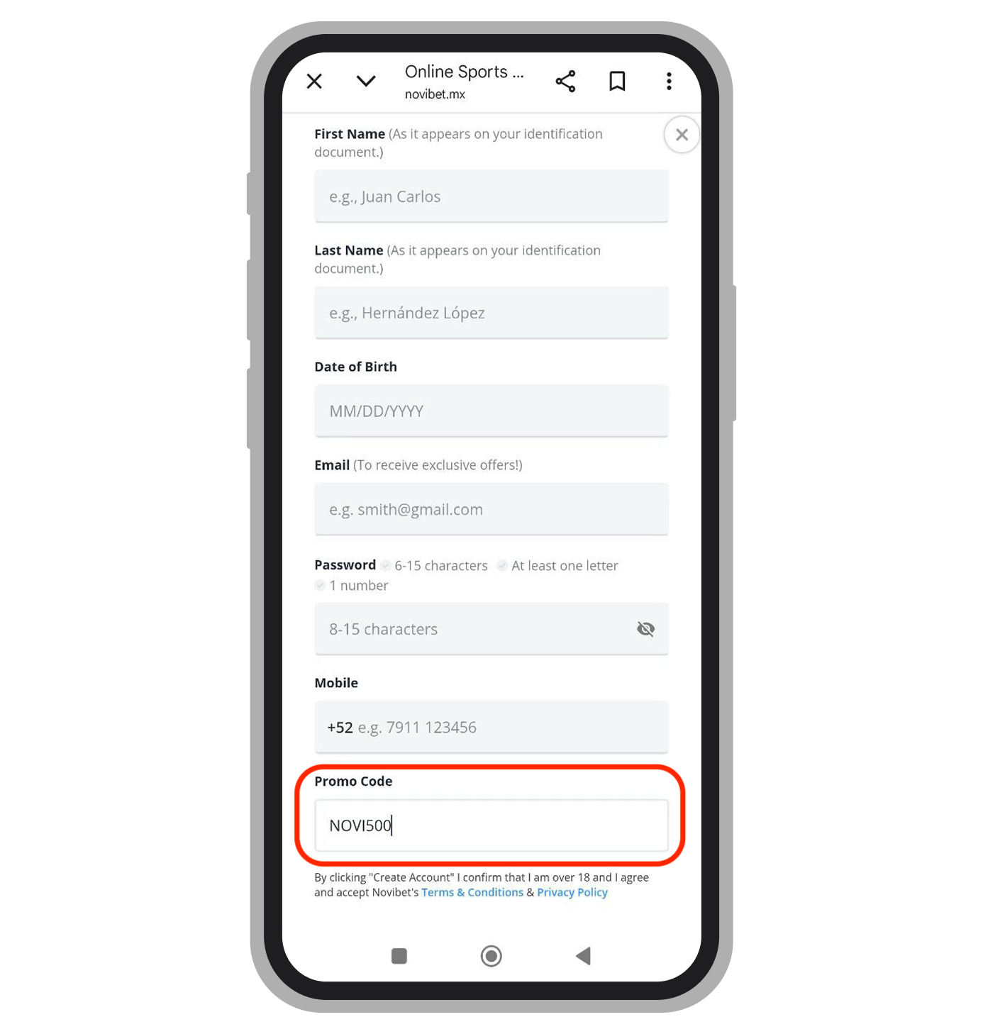 Ventana de registro. Novibet