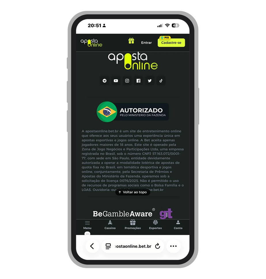Selo "Autorizado pelo Ministério da Fazenda" no rodapé do site Aposta Online