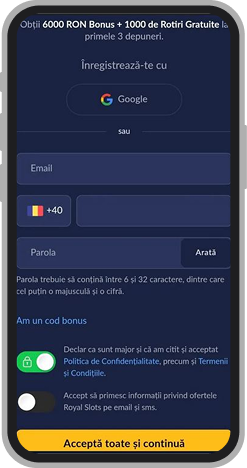 Formular de înregistrare Royal Slots (prima pagina)
