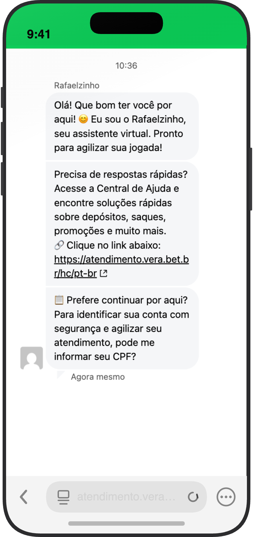 Chat ao vivo da Vera.bet com assistente virtual Rafaelzinho e link para Central de Ajuda