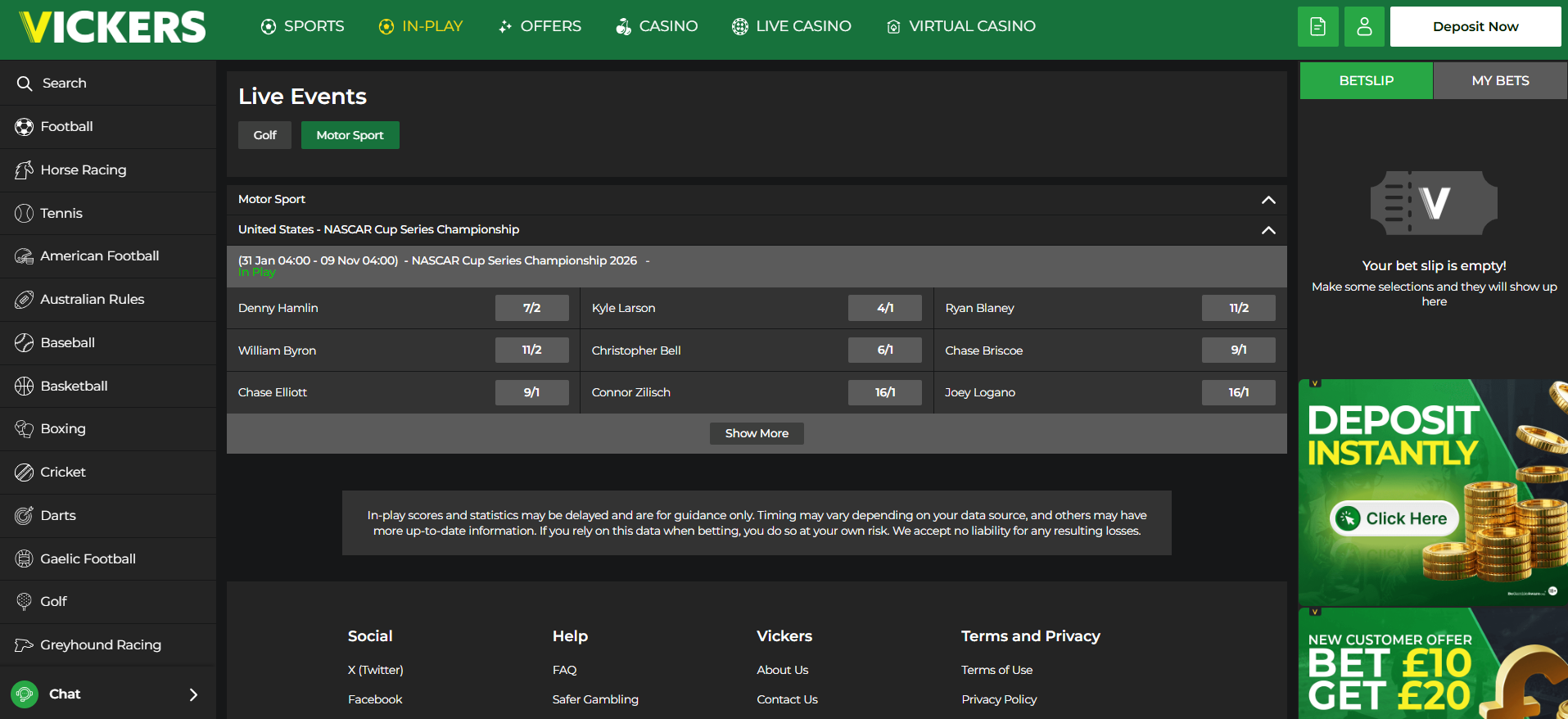 In-Play Tab at Vickers
