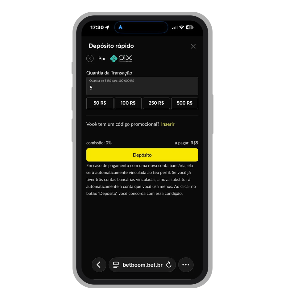 Tela de depósito via Pix no BetBoom com QR code e campo para valor mínimo de R$ 5 