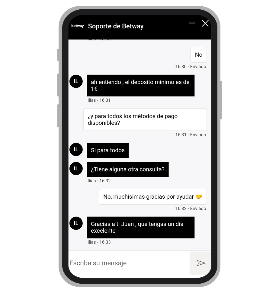 étodos de depósito. Respuesta del chat de soporte.
