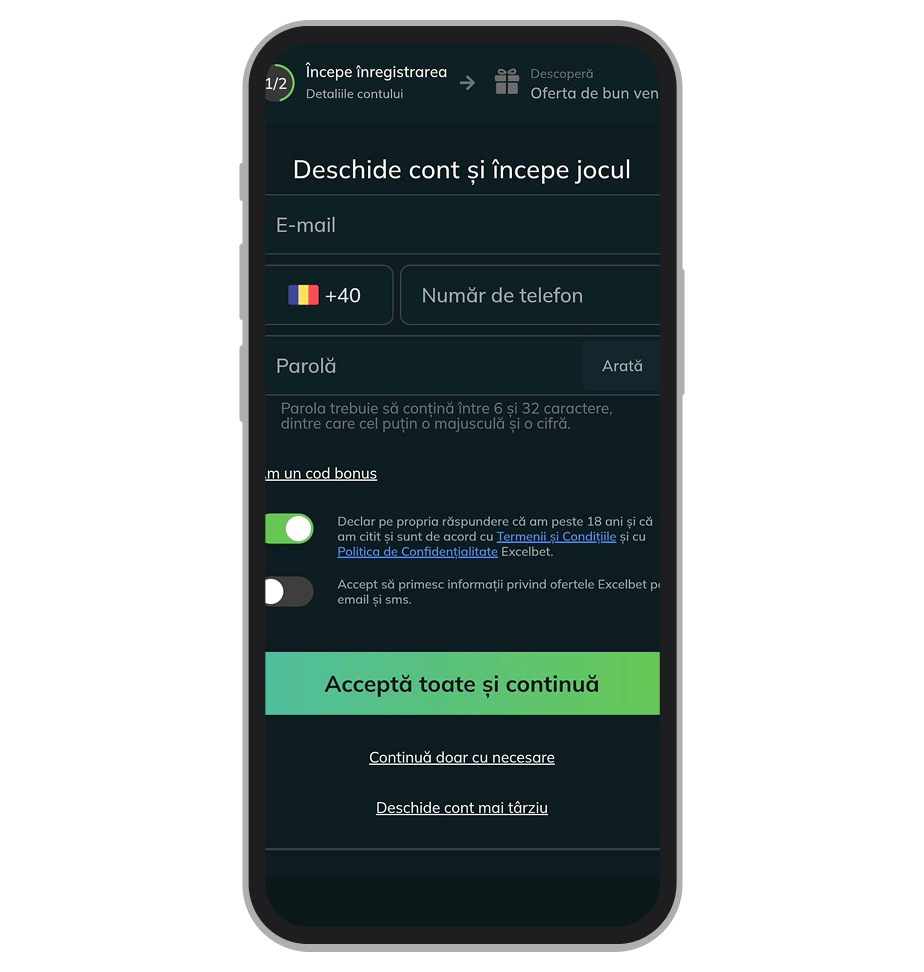 Formular de înregistrare Excelbet Casino