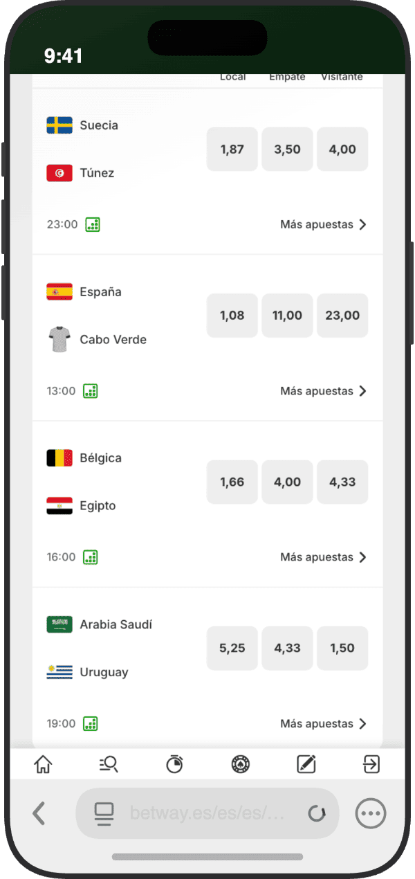 Partidos del Mundial 2026 en Betway con cuotas de España vs Cabo Verde y Arabia Saudí vs Uruguay del Grupo H